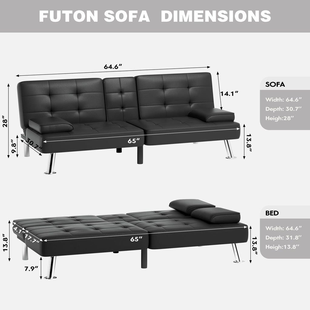 Black Faux Leather Convertible Futon Sofa Bed with Removable Armrests Q5125