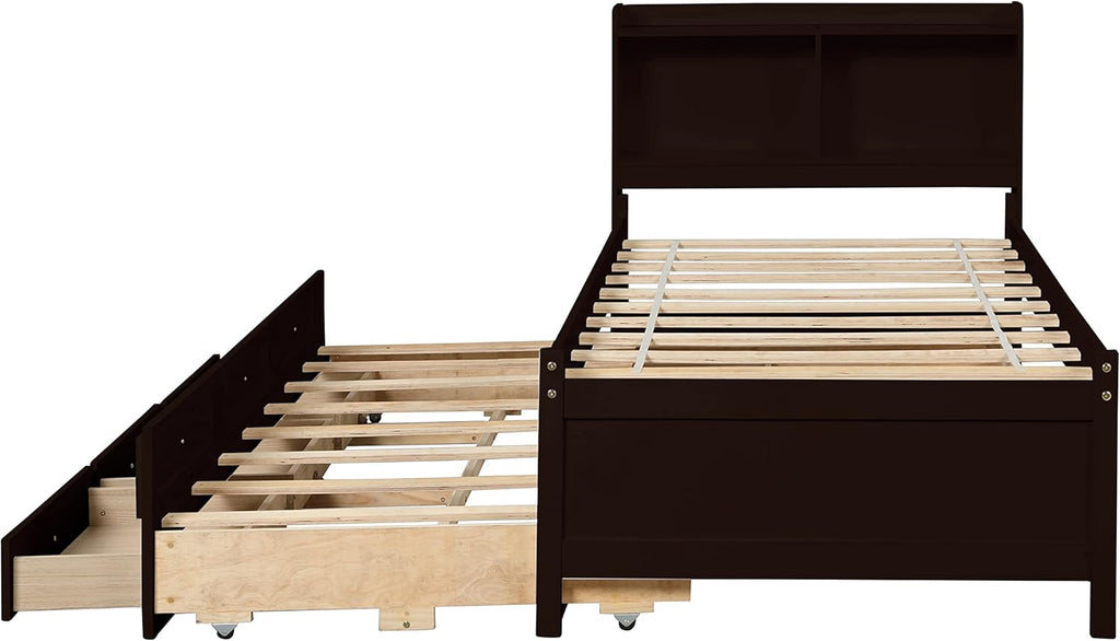 Twin Wood Captain’s Bed with Bookcase Headboard, Trundle and 3 Drawers, Espresso D734224
