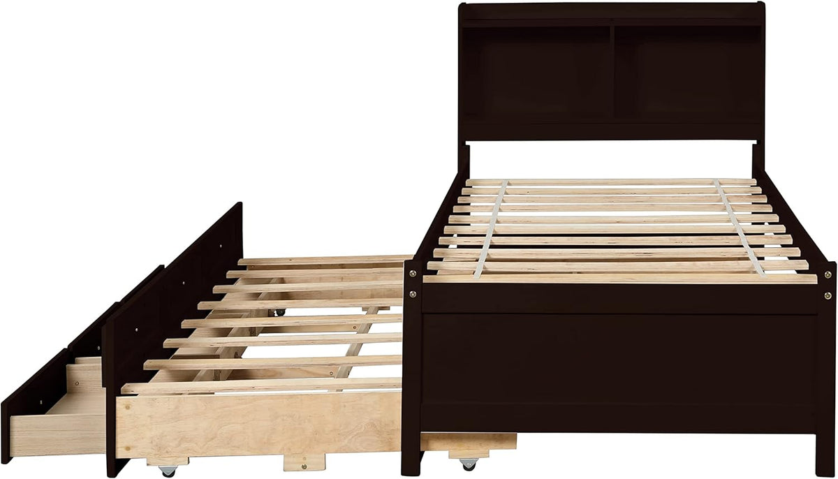 Twin Wood Captain’s Bed with Bookcase Headboard, Trundle and 3 Drawers, Espresso D734224