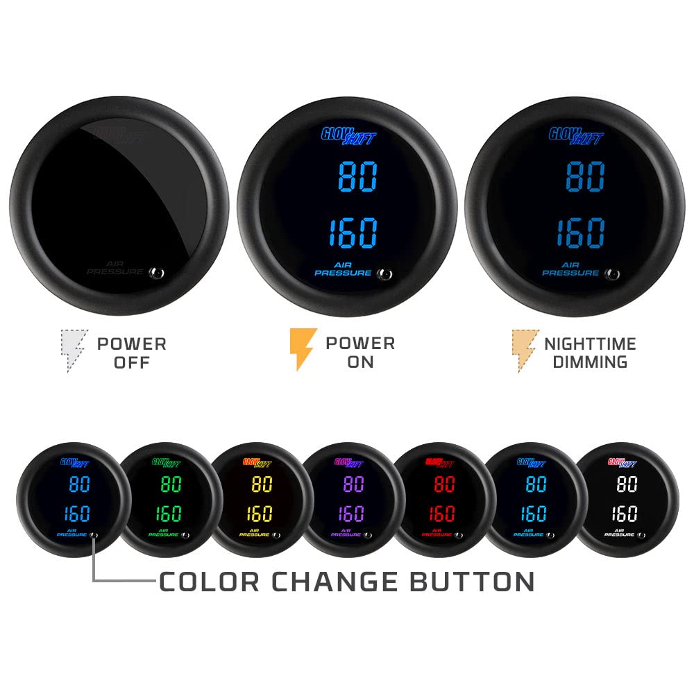 Tinted 7 Color Dual Digital 220 PSI Air Pressure Gauge Kit with 2 Electronic Sensors Y5470