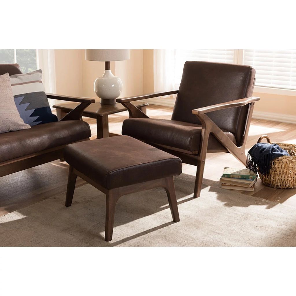 Walnut Wood Dark Brown Faux Leather Lounge Chair And Ottoman Set M374278