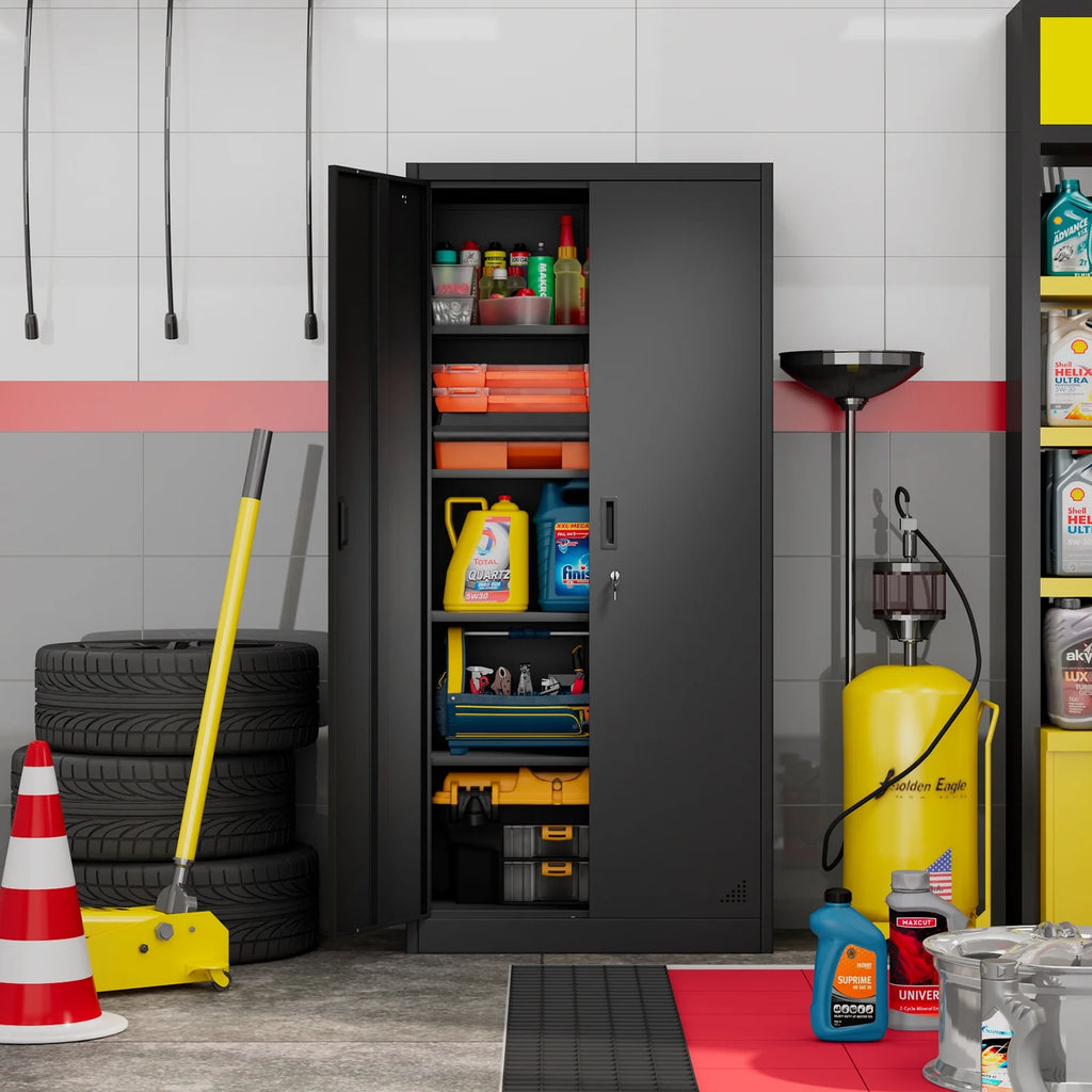 Black Metal Storage Cabinet with Doors and Adjustable Shelves J385