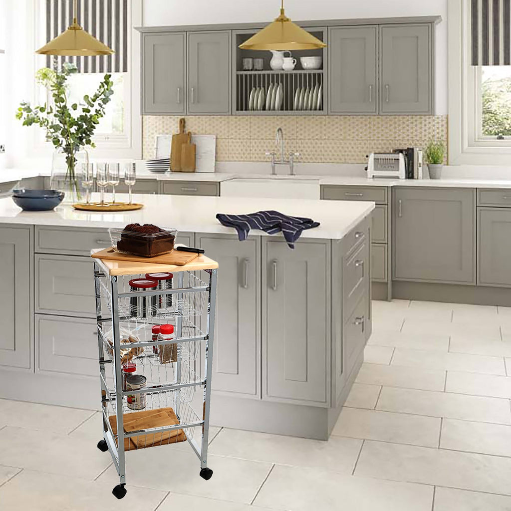 4 Tier Wire Basket Cart with Wood Surface B9788