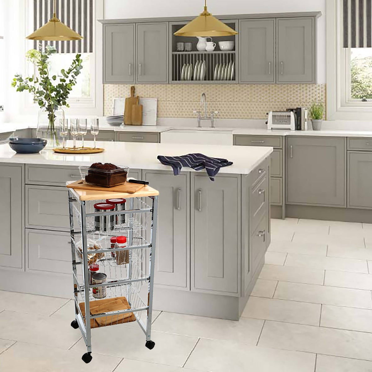4 Tier Wire Basket Cart with Wood Surface B9788