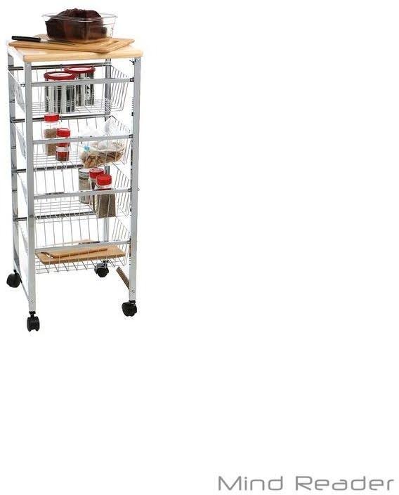 4 Tier Wire Basket Cart with Wood Surface B9788