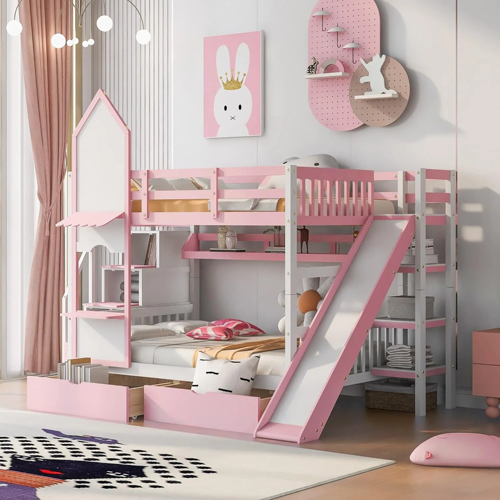 Full Over Full Wooden Bunk Bed with Slide Storage Drawers and Shelves X96950