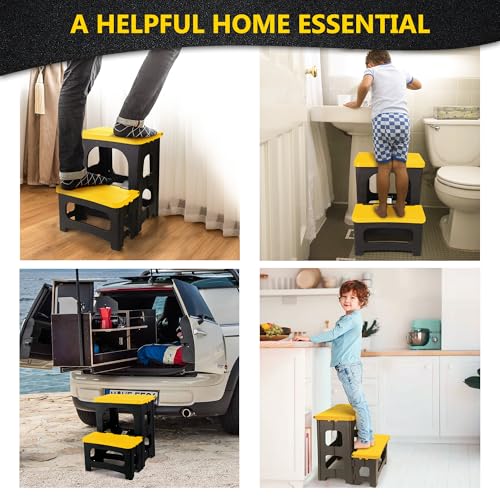 Folding 2-Step Stool, Non-Slip Portable Footstool 8" & 17" Dual Heights, Holds 300 lbs (Yellow) B549