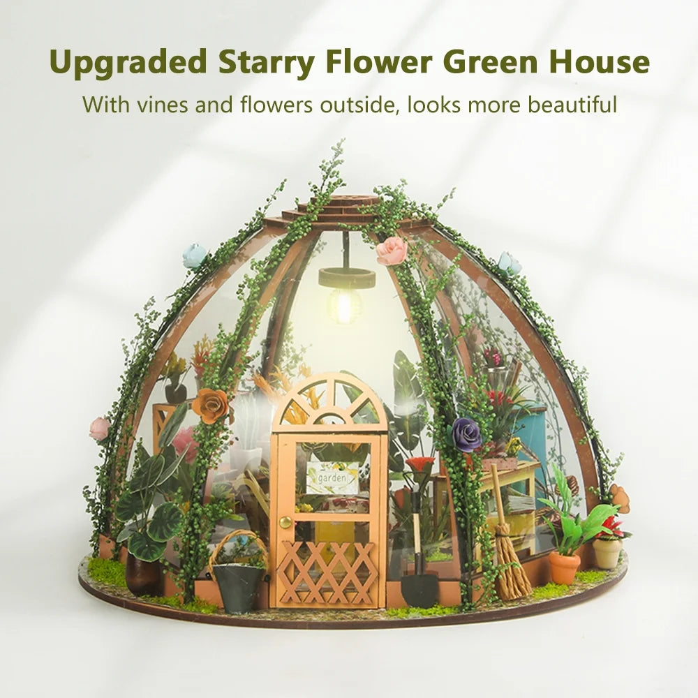 DIY Miniature Dollhouse Kit Wooden Flower Green House with LED Light V21379