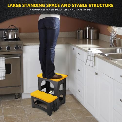 Folding 2-Step Stool, Non-Slip Portable Footstool 8" & 17" Dual Heights, Holds 300 lbs (Yellow) B549