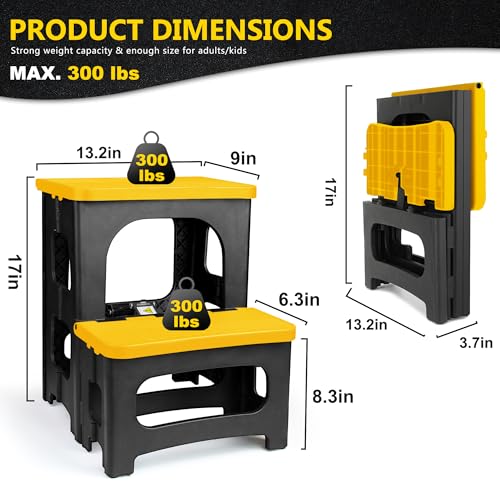 Folding 2-Step Stool, Non-Slip Portable Footstool 8" & 17" Dual Heights, Holds 300 lbs (Yellow) B549