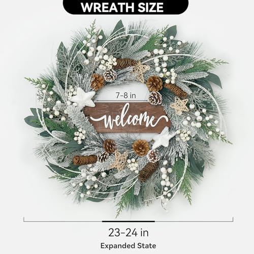 24 Inch Artificial Outdoor Christmas Wreath with Pinecones, White Berries and Welcome Sign D425956