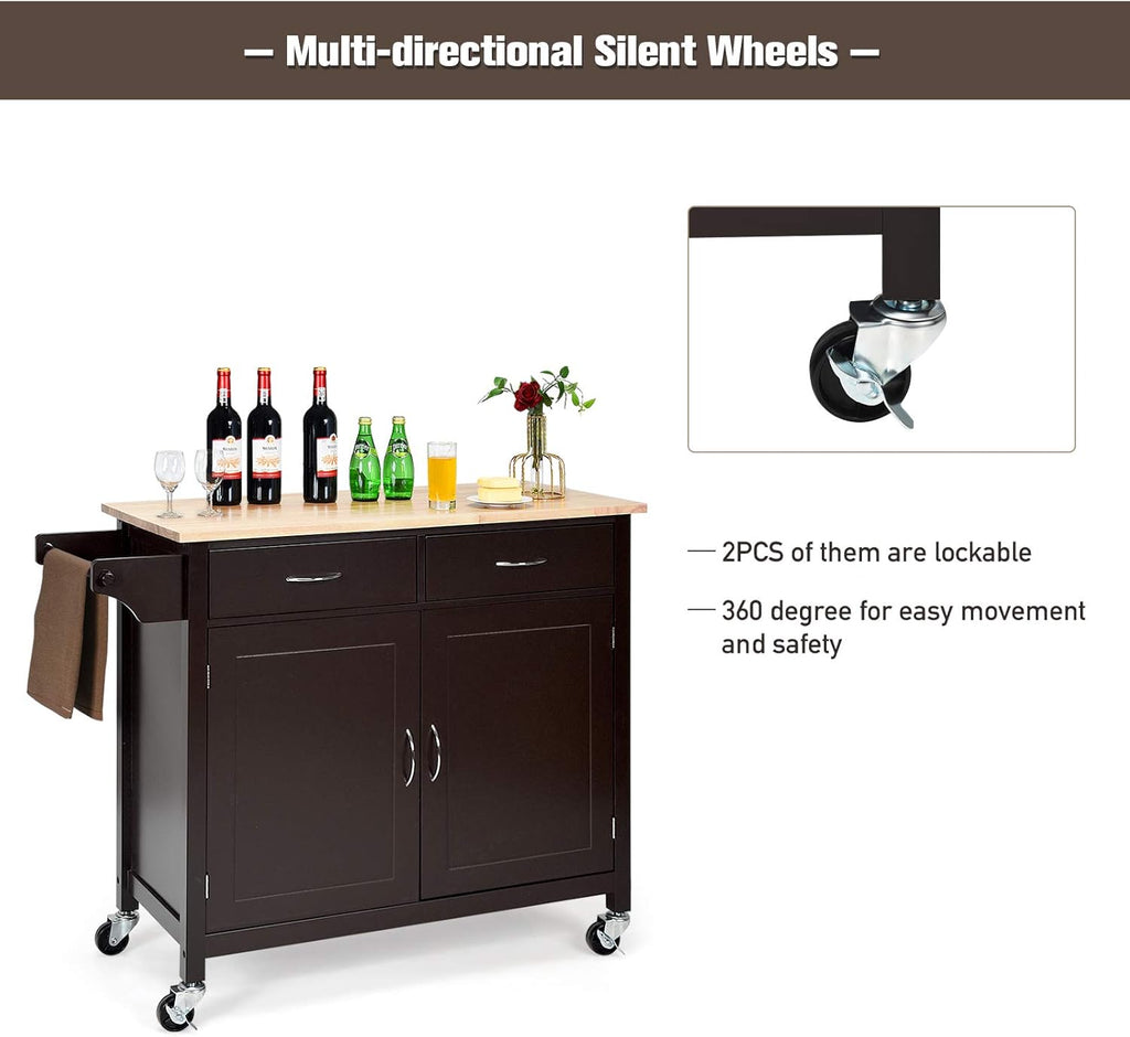 Rolling Kitchen Island Cart with Rubber Wood Top and Storage Drawers I6219