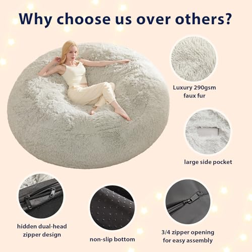 Waterproof Faux Fur 5FT Round Bean Bag Chair Cover with Pocket F974