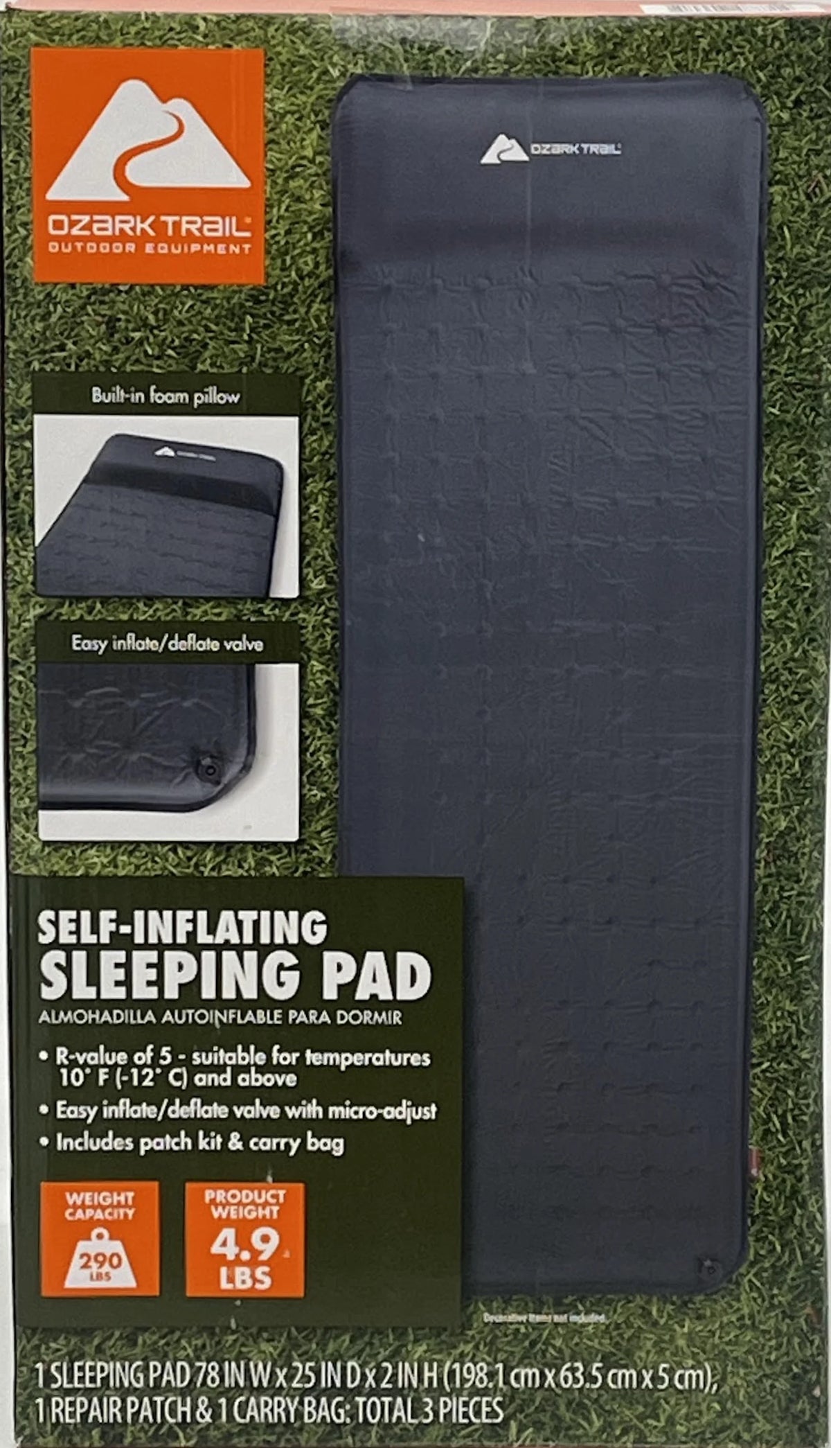 Self-Inflating Camp Pad with Pillow, Grey, 78" L x 25" W x 2" H K719
