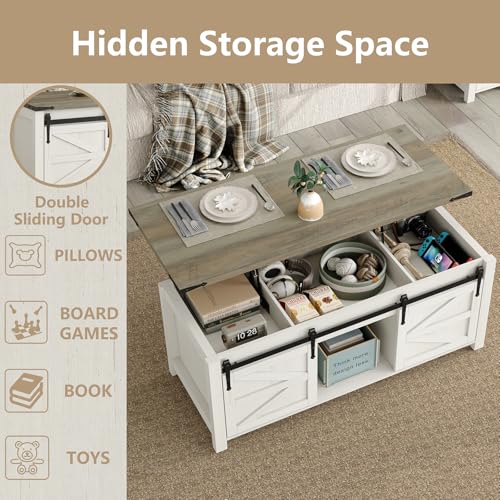 47.3'' Lift Top Coffee Table with Storage, White, Grey Top S6541