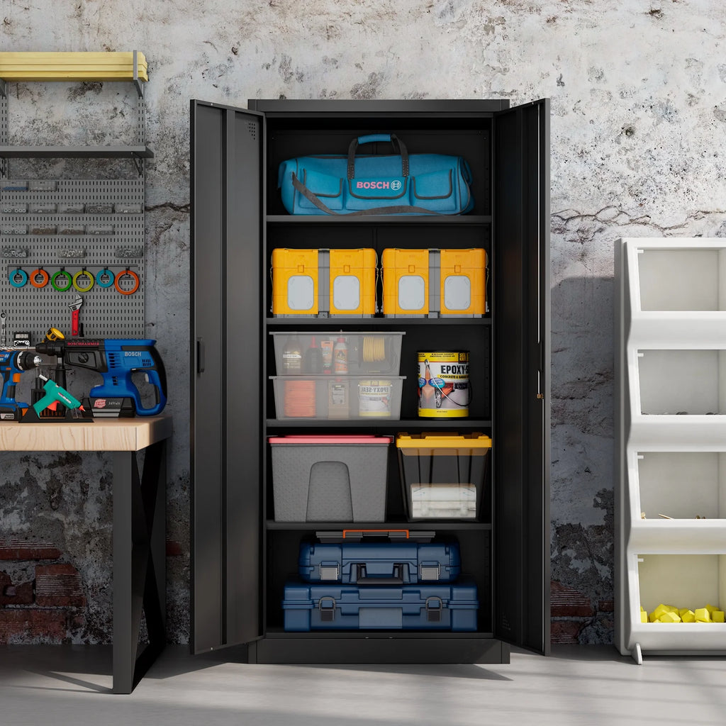 Black Metal Storage Cabinet with Doors and Adjustable Shelves J385