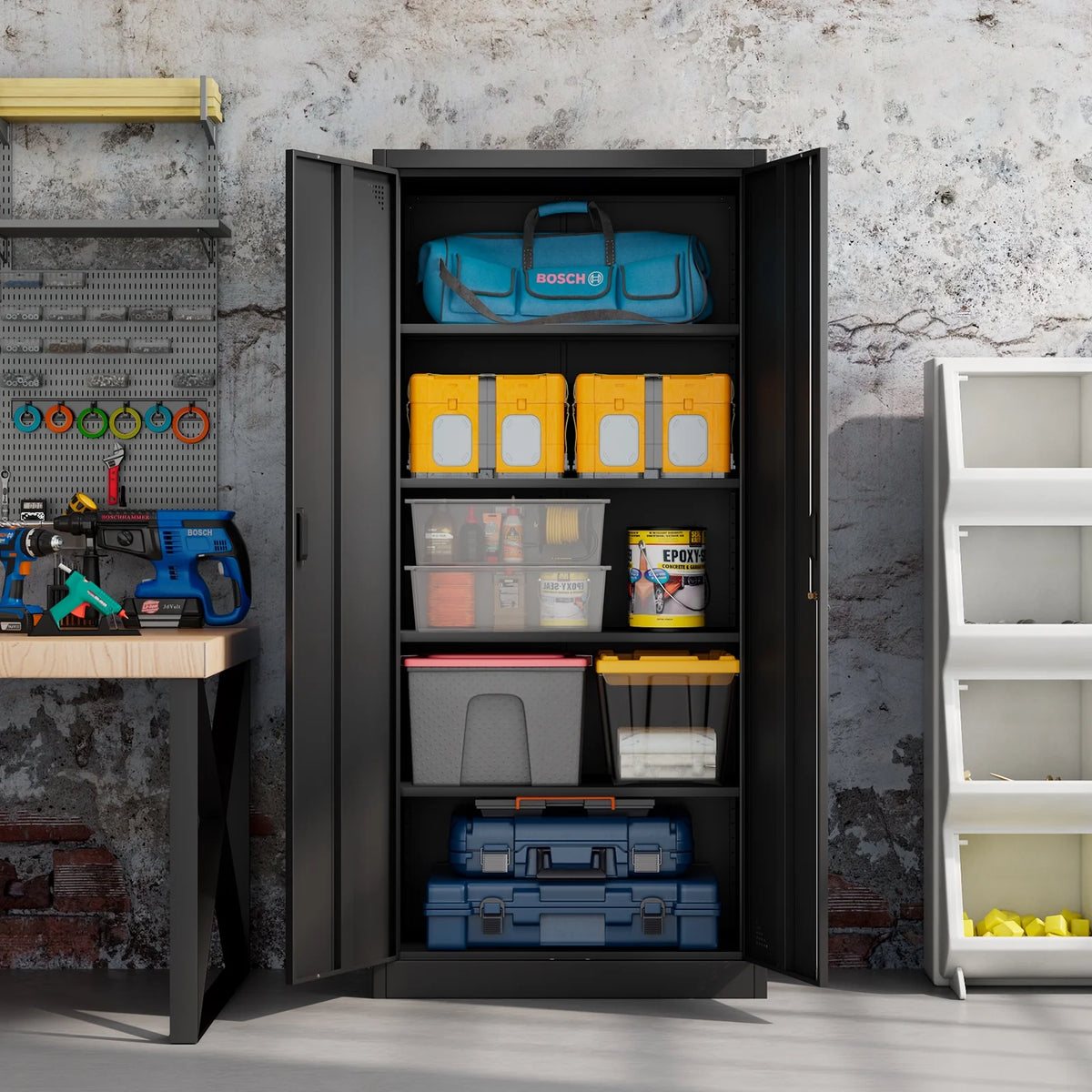 Black Metal Storage Cabinet with Doors and Adjustable Shelves J385