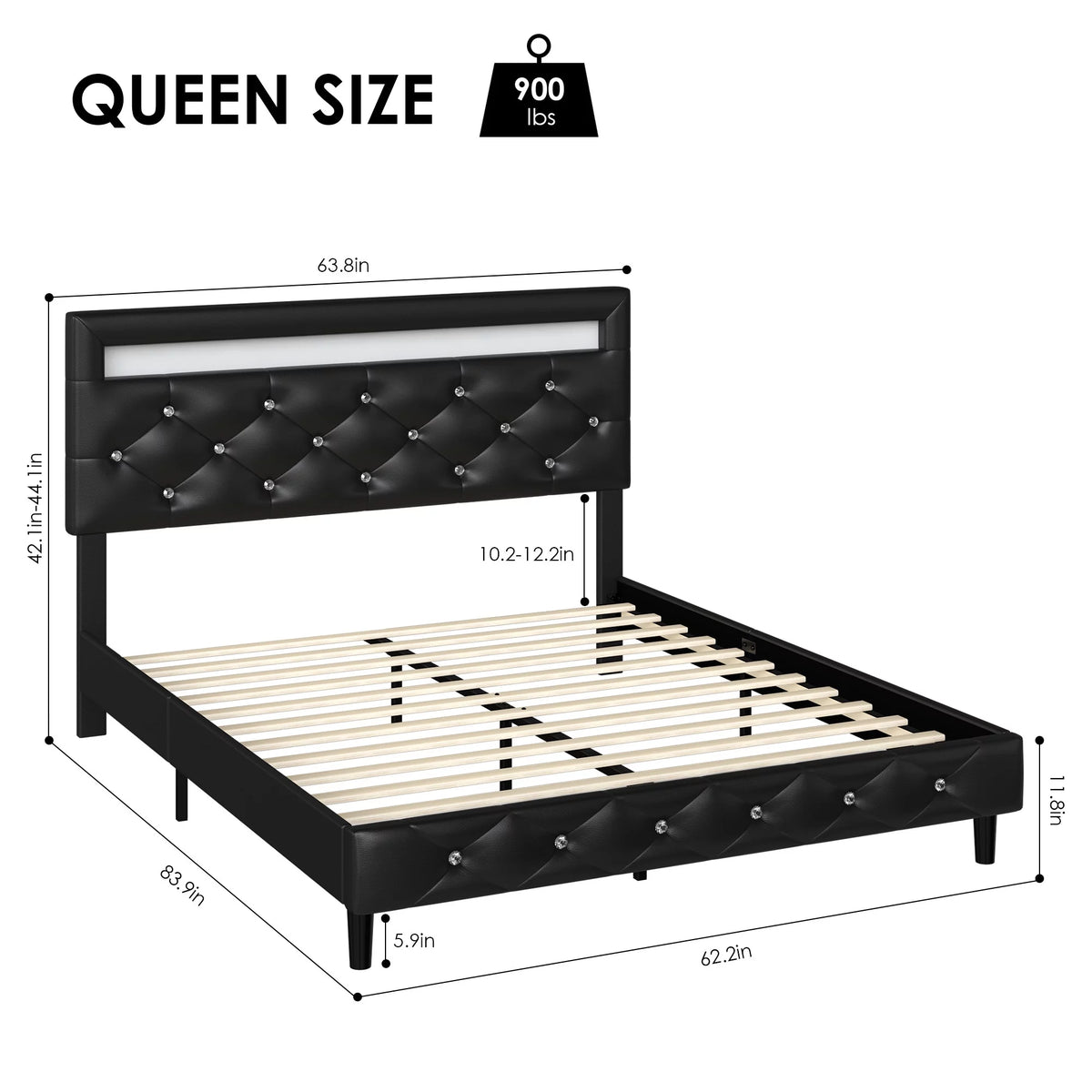 Queen Size LED Upholstered Platform Bed Frame with Adjustable Headboard F792349