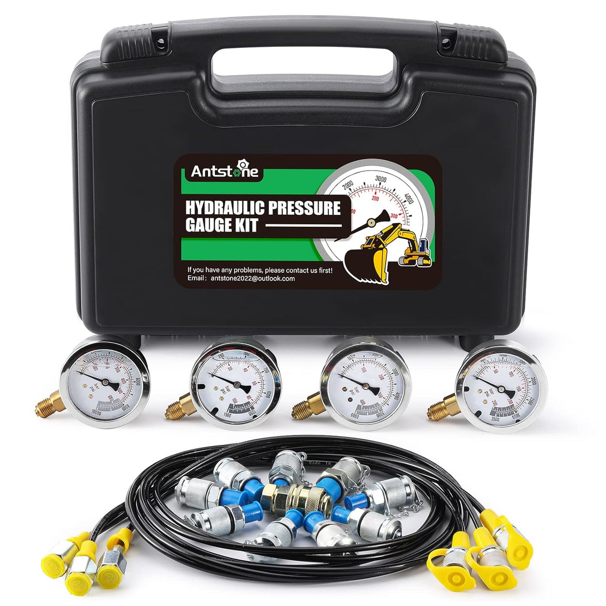 Hydraulic Pressure Gauges Kit with 4 Pressure Gauges 10 Couplings 3 Test Hoses J89487