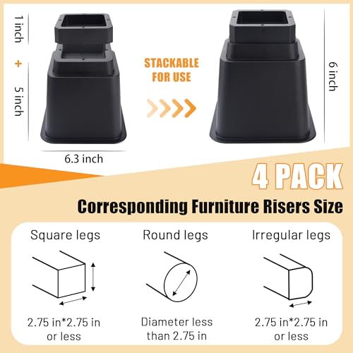 Adjustable Bed Risers Set of 4 (16 pcs Black) W5075