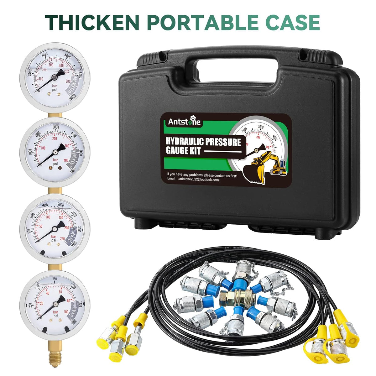 Hydraulic Pressure Gauges Kit with 4 Pressure Gauges 10 Couplings 3 Test Hoses J89487