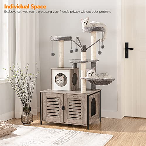 Greige Wooden Cat Tree with Litter Box Enclosure, 27.6" L x 18.9" W x 52" H Z988
