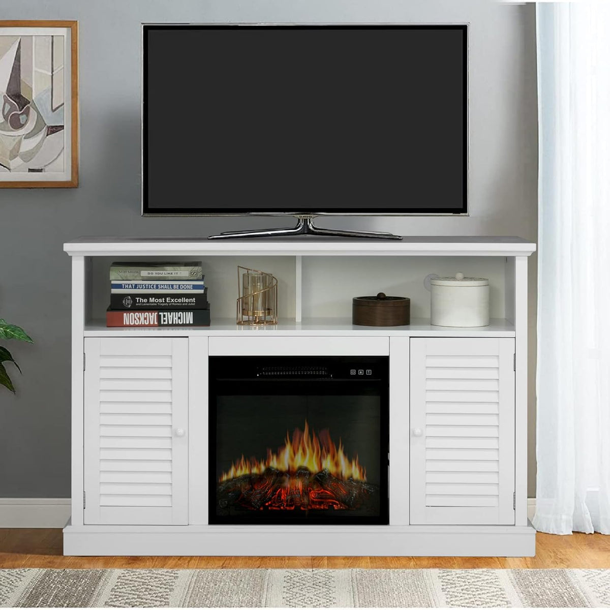White Fireplace TV Stand with Adjustable Shelves F195