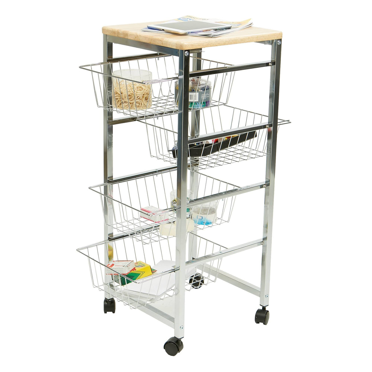 4 Tier Wire Basket Cart with Wood Surface B9788