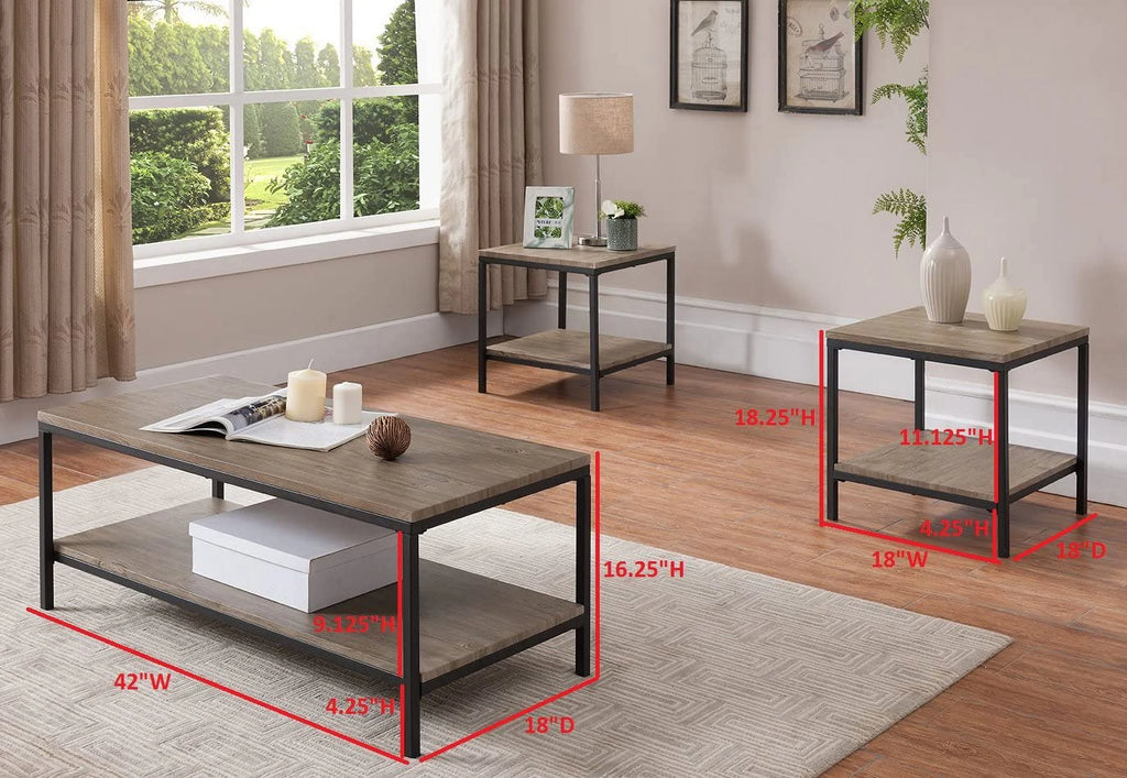 3 Piece Gray Finish Wood and Black Metal Occasional Table Set W6599