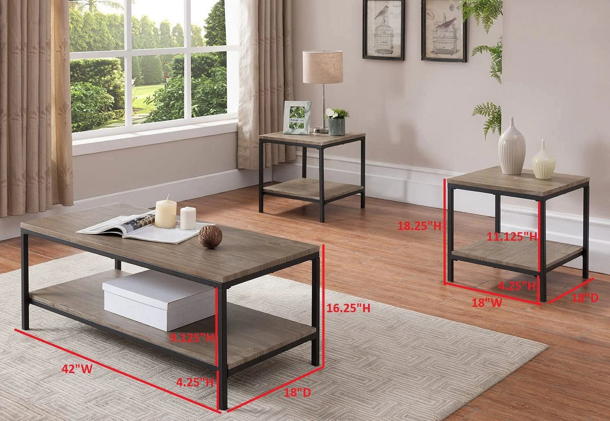 3 Piece Gray Finish Wood and Black Metal Occasional Table Set W6599