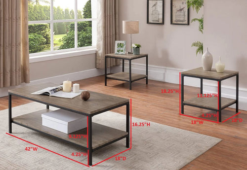 3 Piece Gray Finish Wood and Black Metal Occasional Table Set W6599