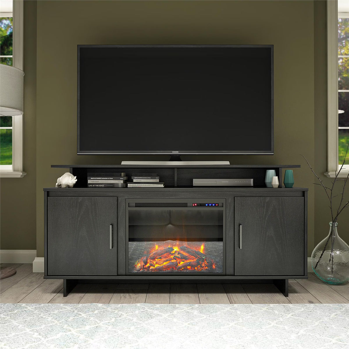 Electric Fireplace TV Console with Storage Cabinets, Black Oak C372