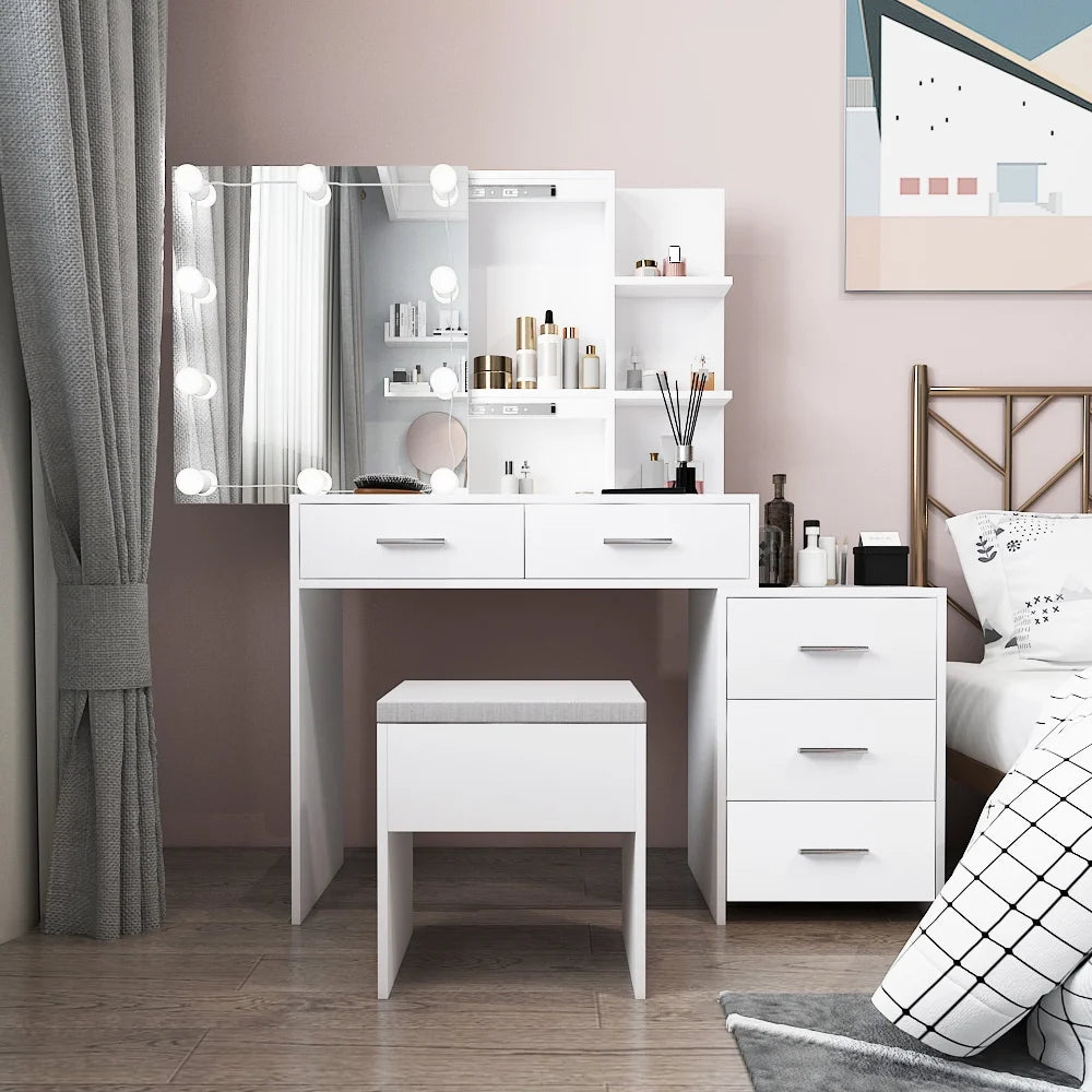 White 5 Drawer Lighted Mirror Vanity Makeup Table Set E8844