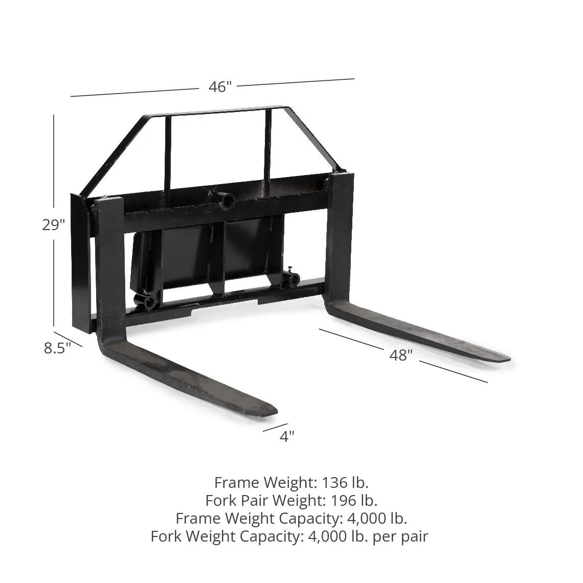 Mini Skid Steer Pallet Fork Attachment, 48" Fork Blades, 4,000 LB L8663