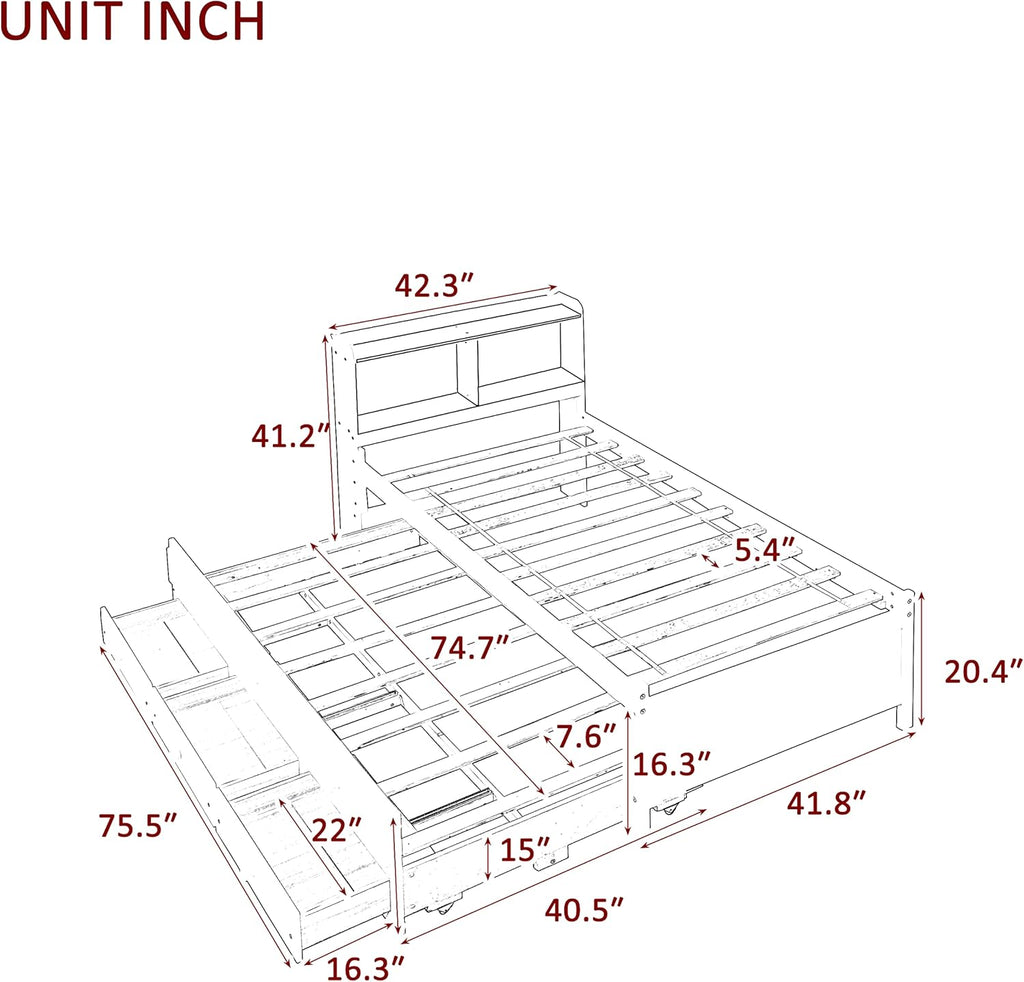Twin Wood Captain’s Bed with Bookcase Headboard, Trundle and 3 Drawers, Espresso D734224