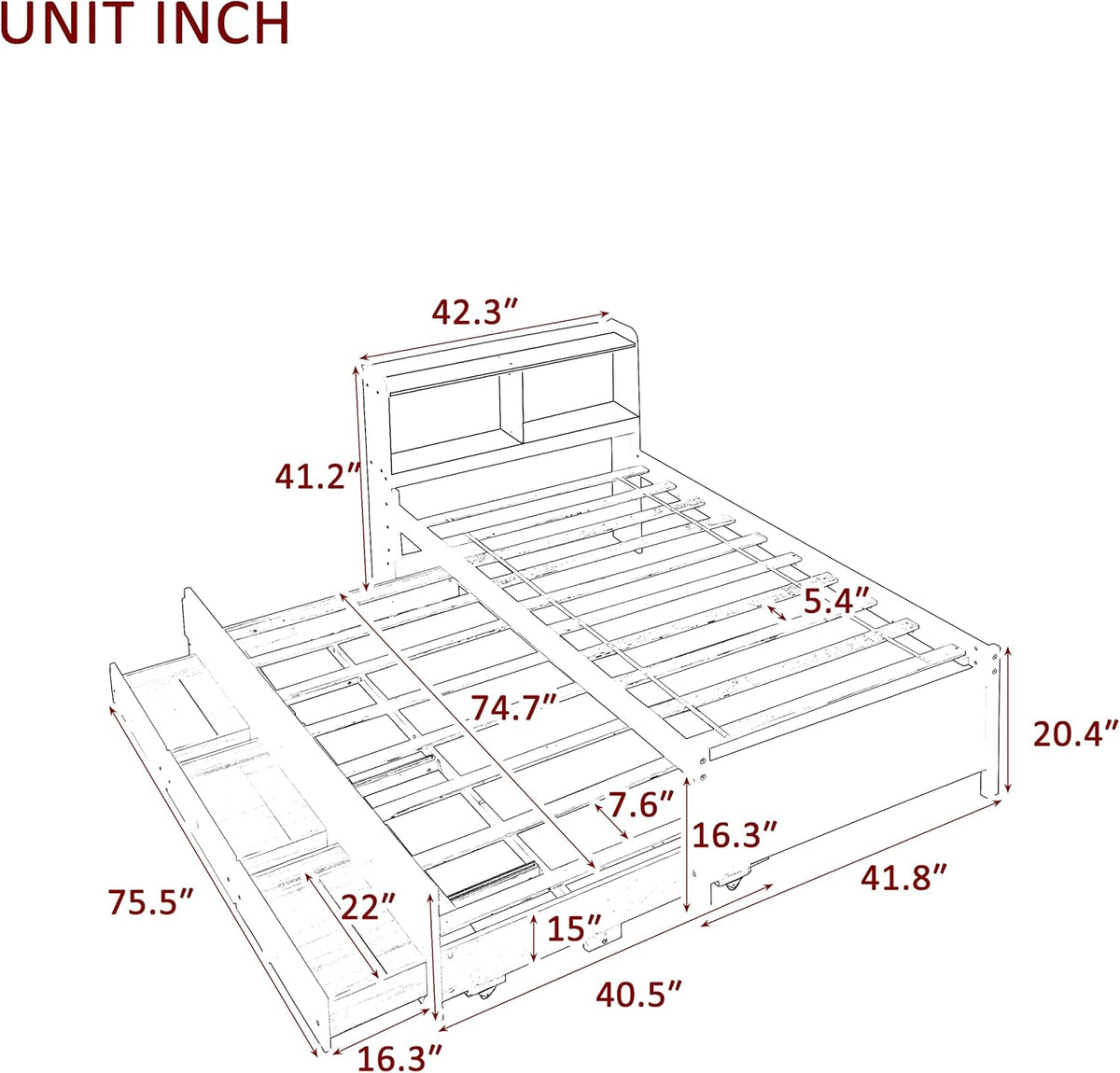 Twin Wood Captain’s Bed with Bookcase Headboard, Trundle and 3 Drawers, Espresso D734224