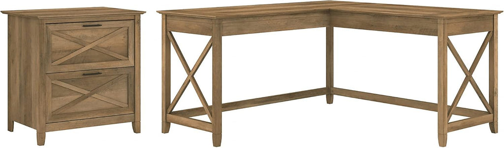 Dark Gray Hickory L Shaped Desk with 2 Drawer Lateral File Cabinet T21189