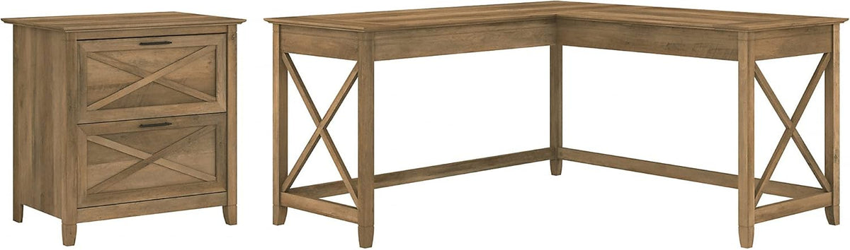 Dark Gray Hickory L Shaped Desk with 2 Drawer Lateral File Cabinet T21189