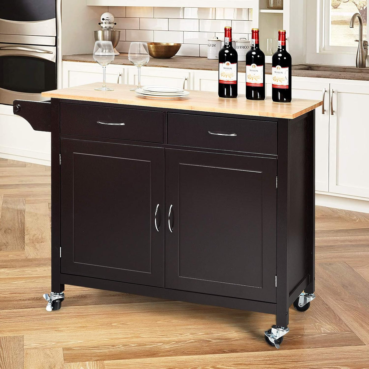Rolling Kitchen Island Cart with Rubber Wood Top and Storage Drawers I6219