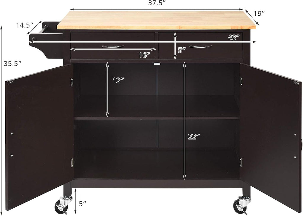 Rolling Kitchen Island Cart with Rubber Wood Top and Storage Drawers I6219