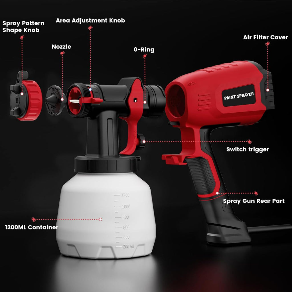 700W Electric Paint Sprayer with 1200ml Container, 4 Nozzles, 3 Patterns (Red) S7557
