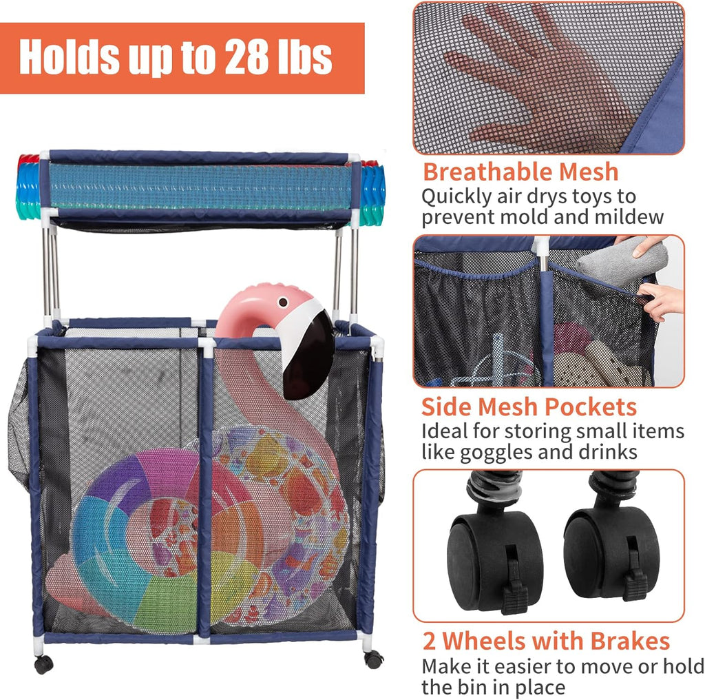 Double Tier Rolling Pool Toy Storage Cart Bin with Top Shelf & Side Pockets U172