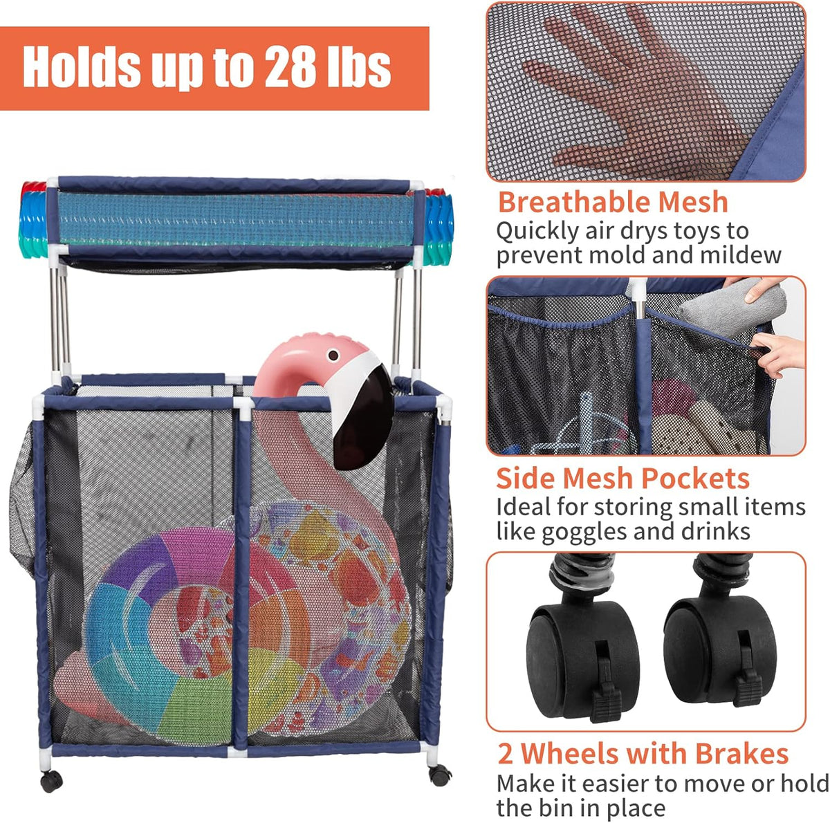 Double Tier Rolling Pool Toy Storage Cart Bin with Top Shelf & Side Pockets U172