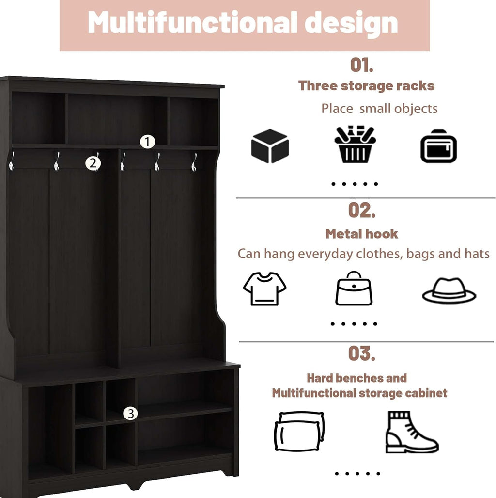Freestanding Hall Tree with Metal Hooks and Storage Space, Black Coat Rack with Shoe Cubbies D649836