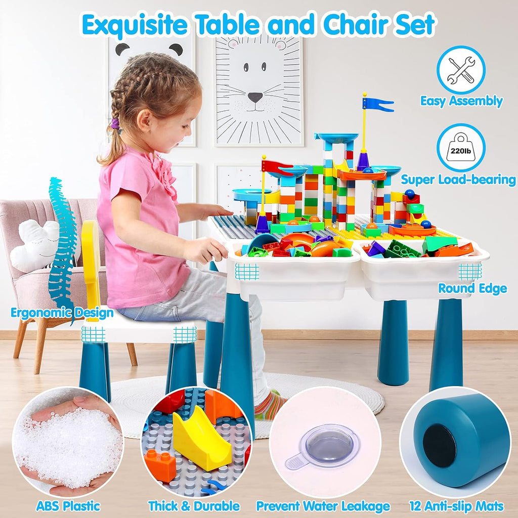 Kids Activity Table and Chair Set with 152Pcs Marble Run Building Blocks Water Table Sand Table STEM Toys P84524