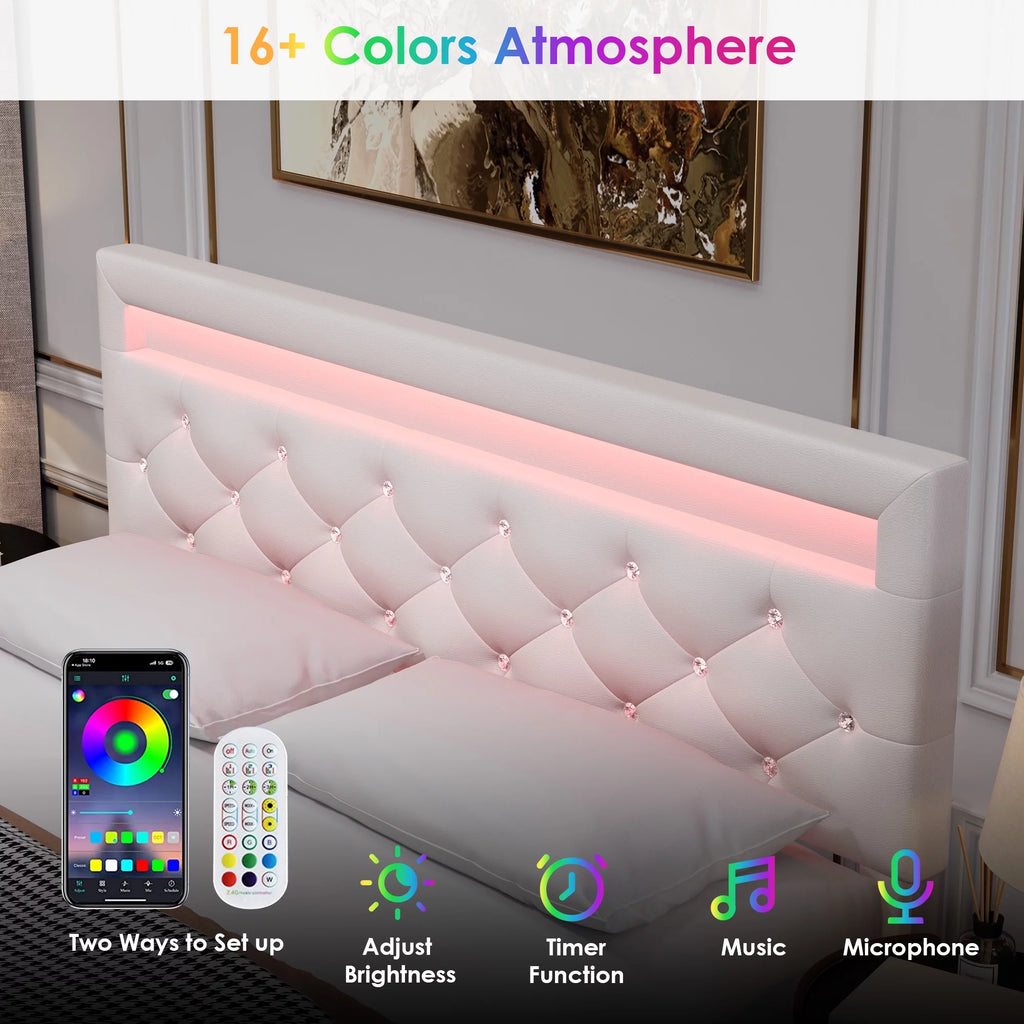 Queen Size LED Upholstered Platform Bed Frame with Adjustable Headboard F792349