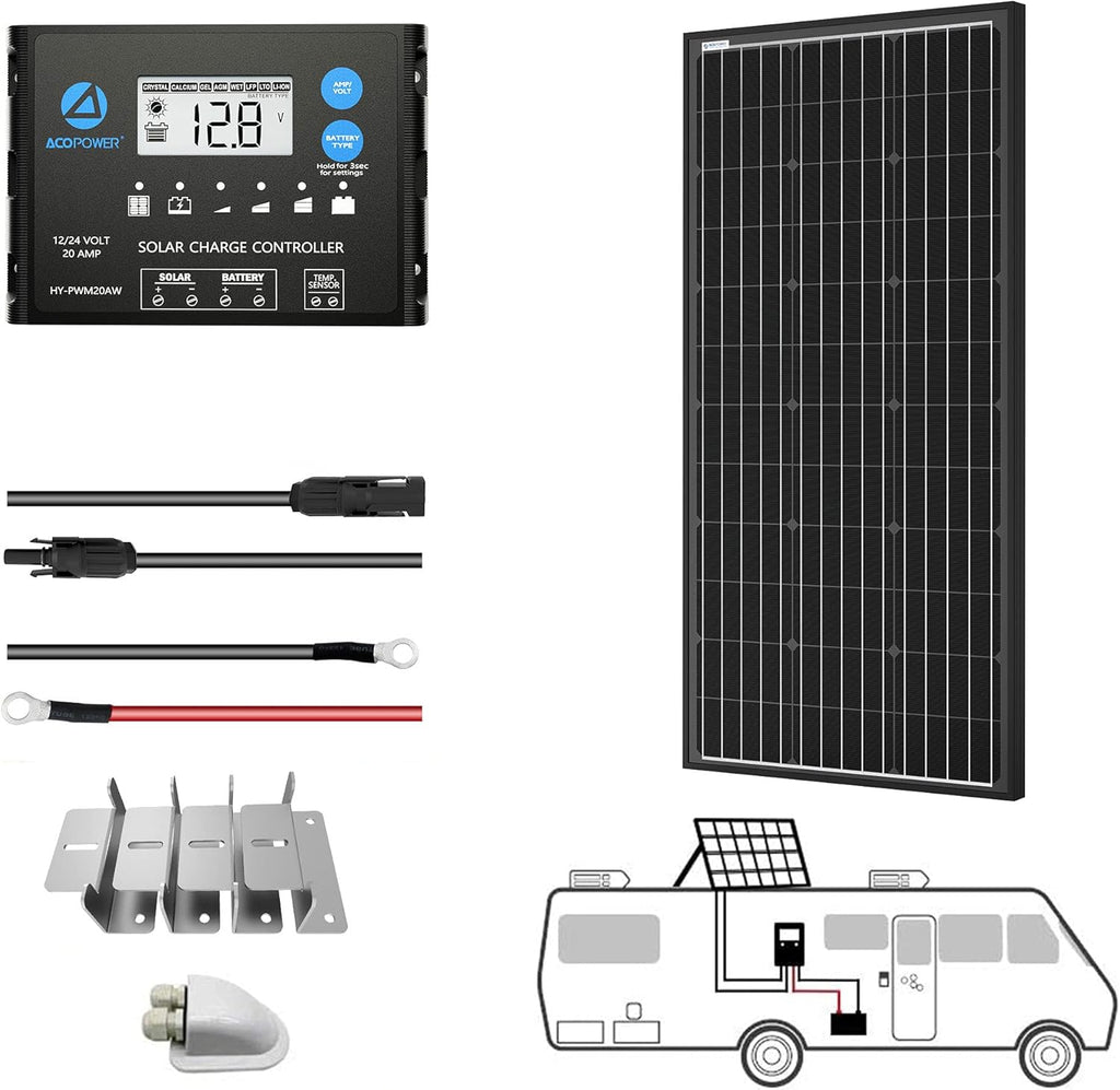 100 Watts Monocrystalline Solar RV Kit with 20A PWM LCD Charge Controller A64593