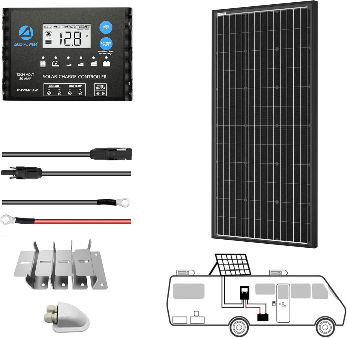 100 Watts Monocrystalline Solar RV Kit with 20A PWM LCD Charge Controller A64593