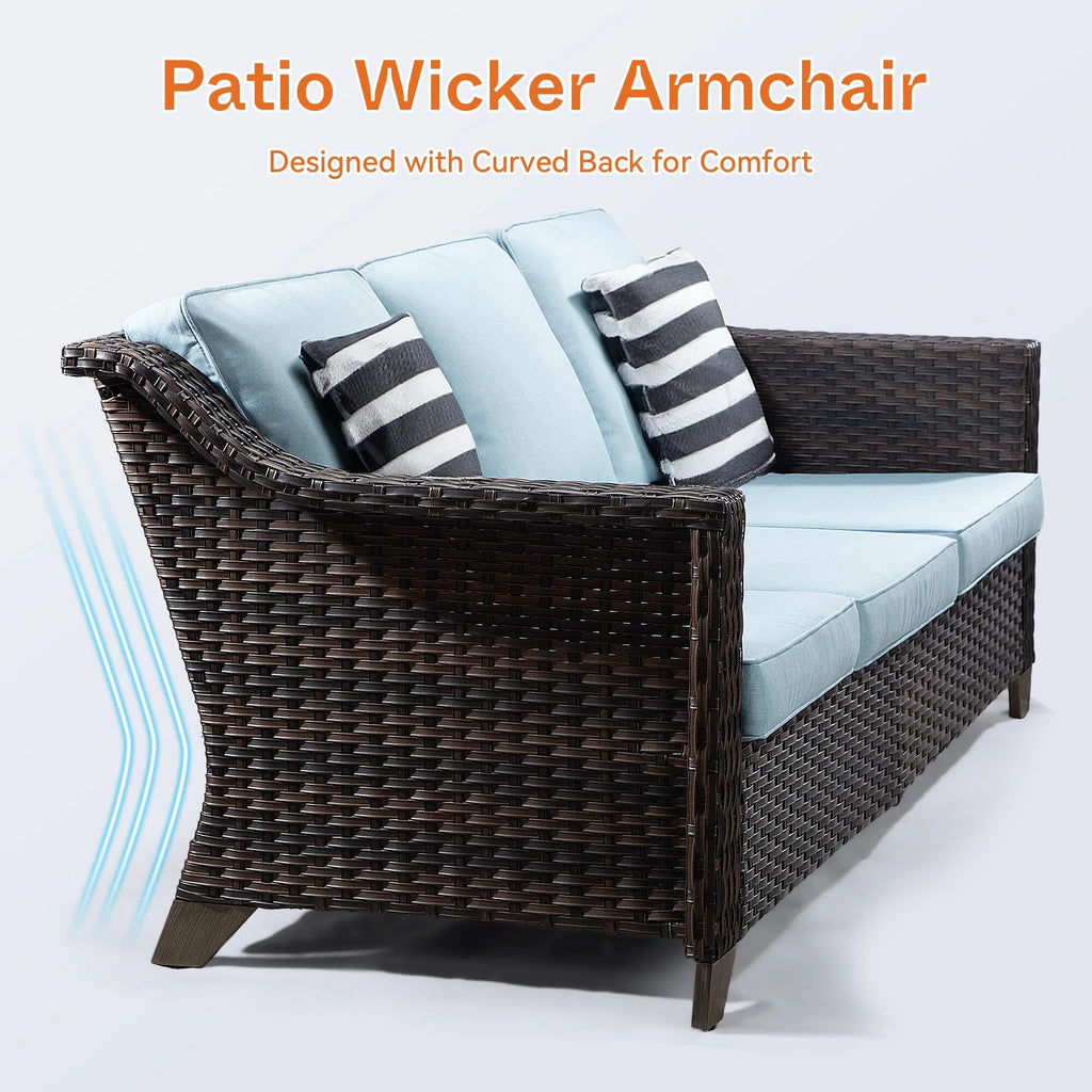 3 Pieces Outdoor Patio Wicker Conversation Set with Cushions, Sky Blue L3671