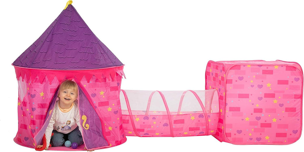 Pink Castle Play Tent with Pop Up Tunnel and Playhouse Kids Indoor Outdoor Play Tent Set S1833
